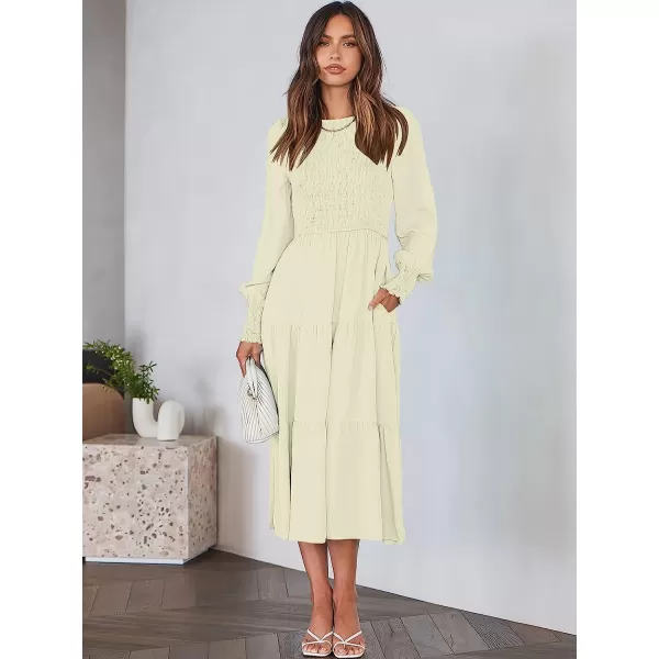 imageANRABESS Womens Casual Long Sleeve Crew Neck High Waist Smocked Flowy Tiered Midi DressAlmond