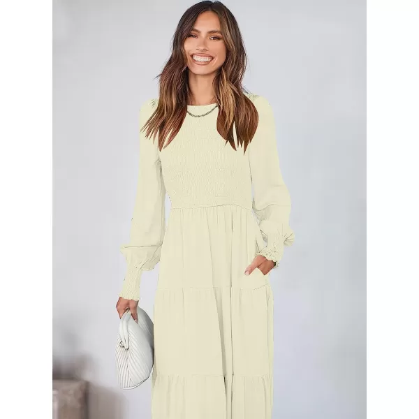 imageANRABESS Womens Casual Long Sleeve Crew Neck High Waist Smocked Flowy Tiered Midi DressAlmond