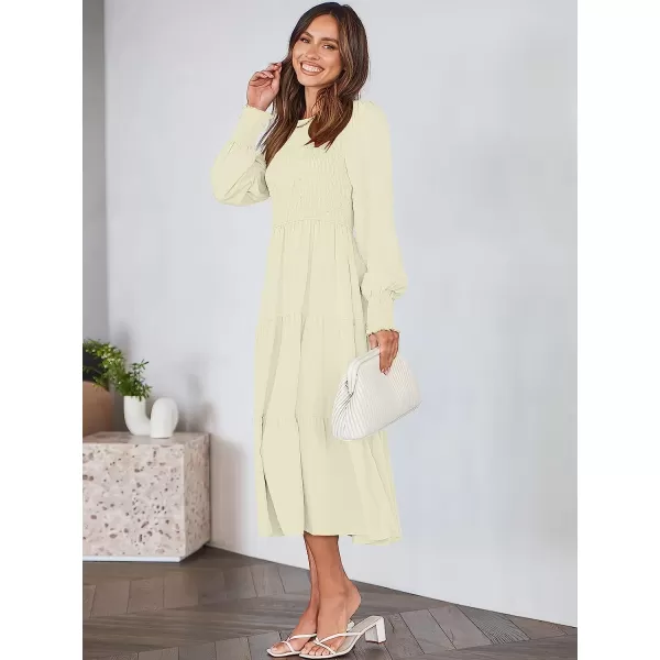 imageANRABESS Womens Casual Long Sleeve Crew Neck High Waist Smocked Flowy Tiered Midi DressAlmond