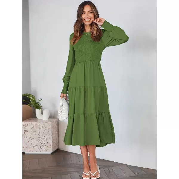 imageANRABESS Womens Casual Long Sleeve Crew Neck High Waist Smocked Flowy Tiered Midi DressArmy Green