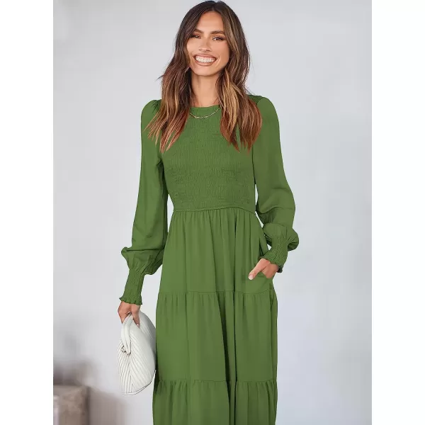 imageANRABESS Womens Casual Long Sleeve Crew Neck High Waist Smocked Flowy Tiered Midi DressArmy Green