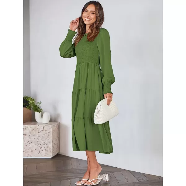 imageANRABESS Womens Casual Long Sleeve Crew Neck High Waist Smocked Flowy Tiered Midi DressArmy Green