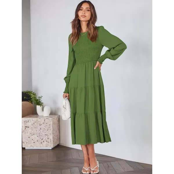 imageANRABESS Womens Casual Long Sleeve Crew Neck High Waist Smocked Flowy Tiered Midi DressArmy Green