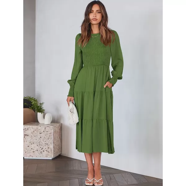 imageANRABESS Womens Casual Long Sleeve Crew Neck High Waist Smocked Flowy Tiered Midi DressArmy Green