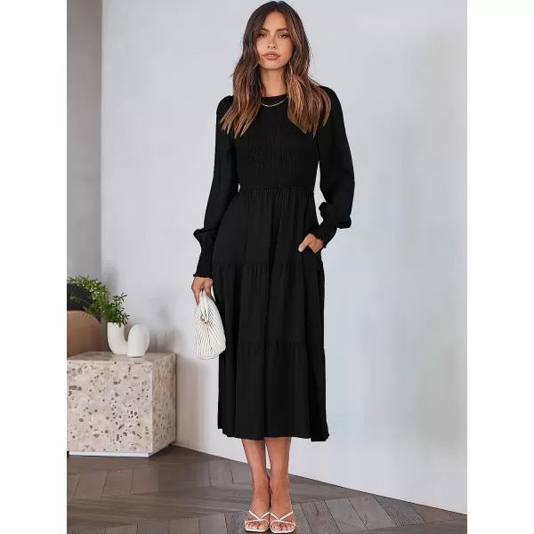 imageANRABESS Womens Casual Long Sleeve Crew Neck High Waist Smocked Flowy Tiered Midi DressBlack