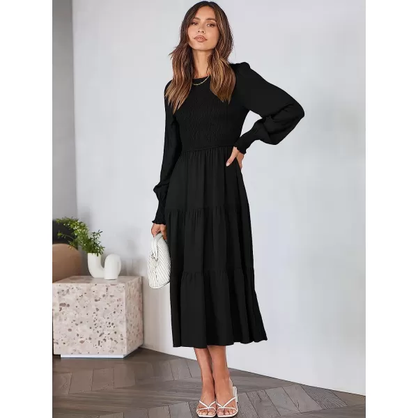 imageANRABESS Womens Casual Long Sleeve Crew Neck High Waist Smocked Flowy Tiered Midi DressBlack