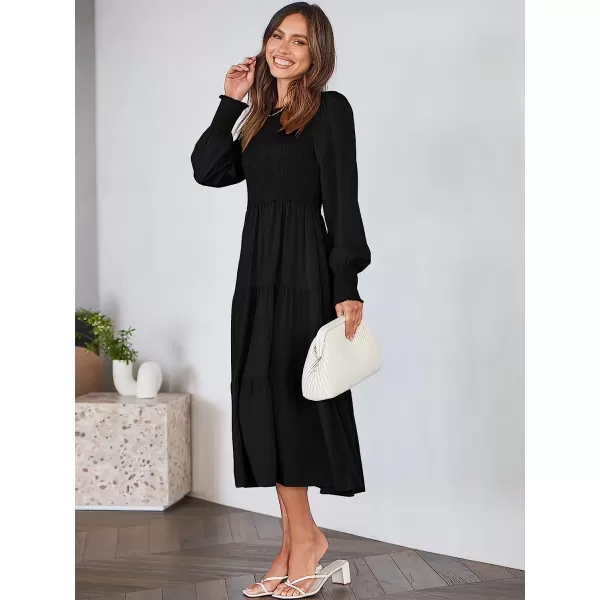 imageANRABESS Womens Casual Long Sleeve Crew Neck High Waist Smocked Flowy Tiered Midi DressBlack
