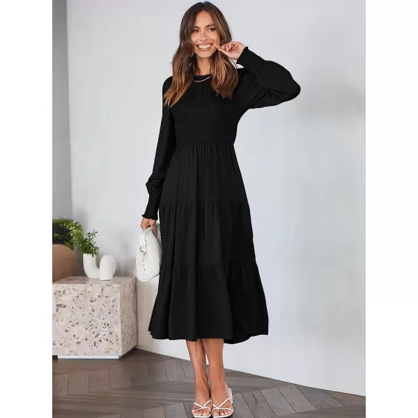 imageANRABESS Womens Casual Long Sleeve Crew Neck High Waist Smocked Flowy Tiered Midi DressBlack