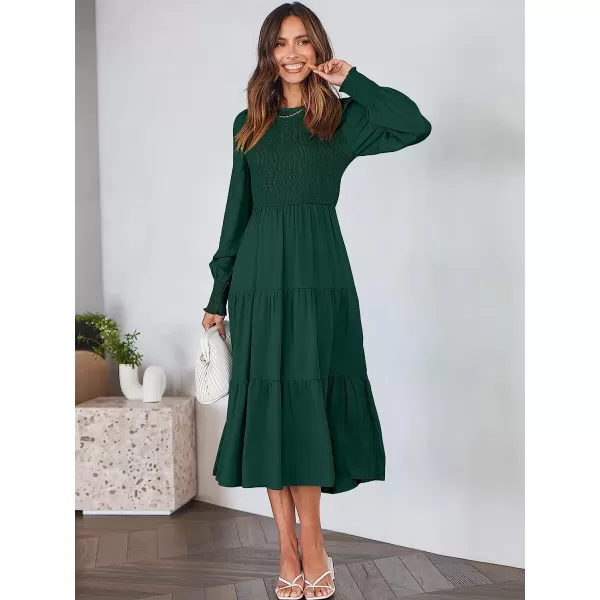 imageANRABESS Womens Casual Long Sleeve Crew Neck High Waist Smocked Flowy Tiered Midi DressDeep Green