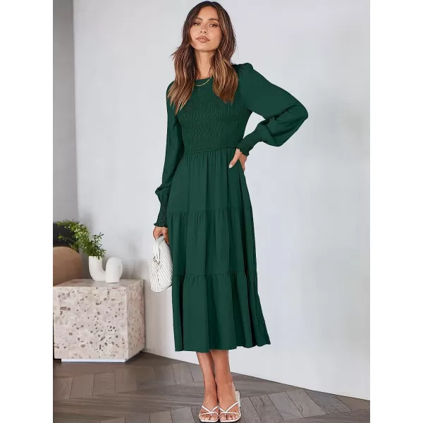 imageANRABESS Womens Casual Long Sleeve Crew Neck High Waist Smocked Flowy Tiered Midi DressDeep Green