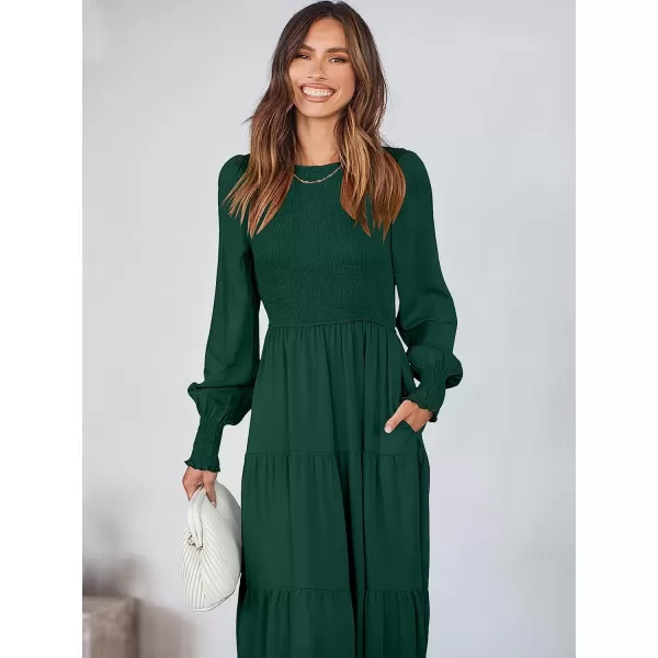 imageANRABESS Womens Casual Long Sleeve Crew Neck High Waist Smocked Flowy Tiered Midi DressDeep Green