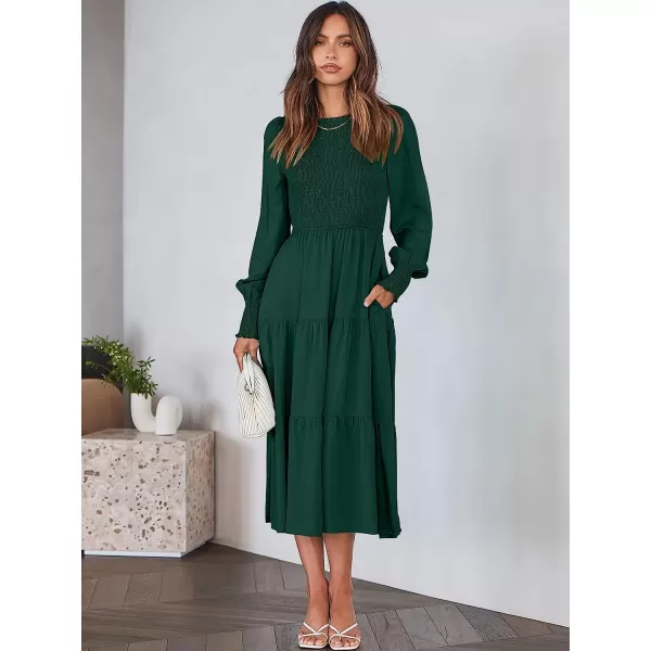 imageANRABESS Womens Casual Long Sleeve Crew Neck High Waist Smocked Flowy Tiered Midi DressDeep Green