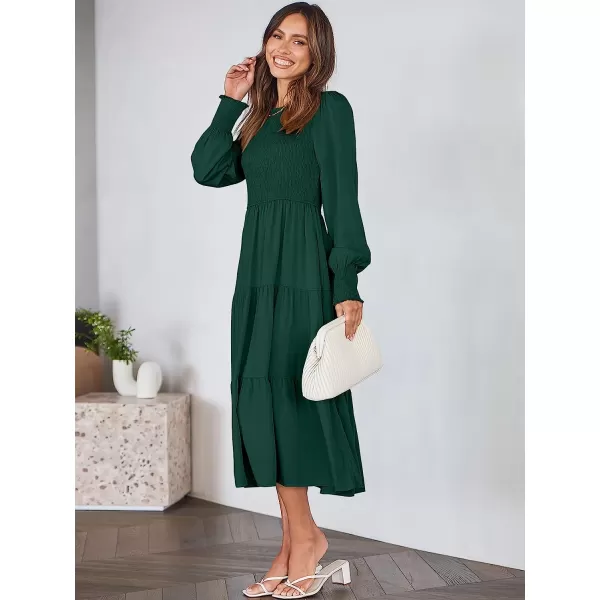 imageANRABESS Womens Casual Long Sleeve Crew Neck High Waist Smocked Flowy Tiered Midi DressDeep Green