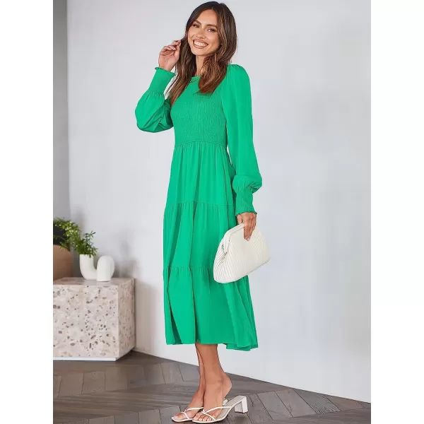 imageANRABESS Womens Casual Long Sleeve Crew Neck High Waist Smocked Flowy Tiered Midi DressGreen
