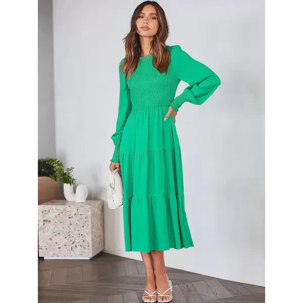 imageANRABESS Womens Casual Long Sleeve Crew Neck High Waist Smocked Flowy Tiered Midi DressGreen