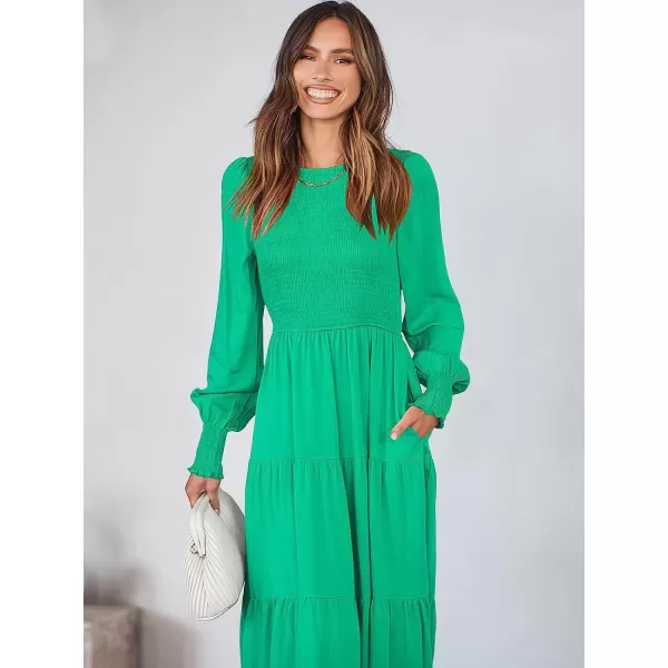 imageANRABESS Womens Casual Long Sleeve Crew Neck High Waist Smocked Flowy Tiered Midi DressGreen