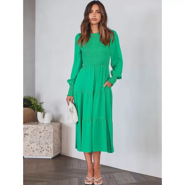 imageANRABESS Womens Casual Long Sleeve Crew Neck High Waist Smocked Flowy Tiered Midi DressGreen