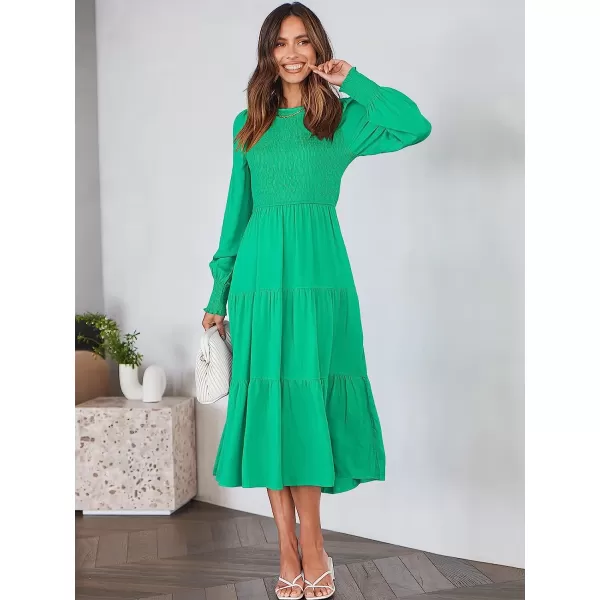 imageANRABESS Womens Casual Long Sleeve Crew Neck High Waist Smocked Flowy Tiered Midi DressGreen
