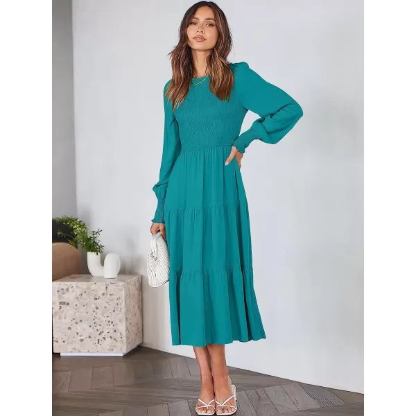 imageANRABESS Womens Casual Long Sleeve Crew Neck High Waist Smocked Flowy Tiered Midi DressLake