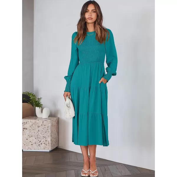 imageANRABESS Womens Casual Long Sleeve Crew Neck High Waist Smocked Flowy Tiered Midi DressLake