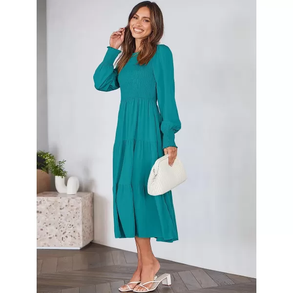 imageANRABESS Womens Casual Long Sleeve Crew Neck High Waist Smocked Flowy Tiered Midi DressLake