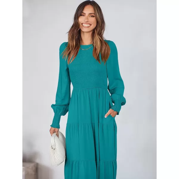 imageANRABESS Womens Casual Long Sleeve Crew Neck High Waist Smocked Flowy Tiered Midi DressLake