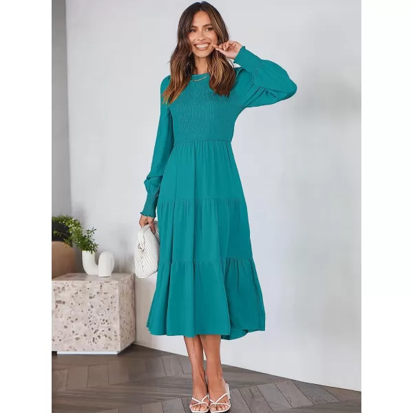 imageANRABESS Womens Casual Long Sleeve Crew Neck High Waist Smocked Flowy Tiered Midi DressLake