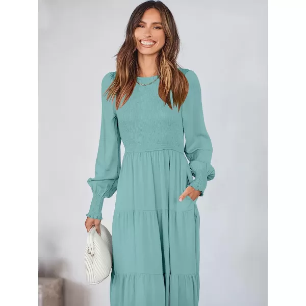 imageANRABESS Womens Casual Long Sleeve Crew Neck High Waist Smocked Flowy Tiered Midi DressLight Green