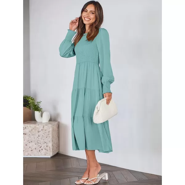 imageANRABESS Womens Casual Long Sleeve Crew Neck High Waist Smocked Flowy Tiered Midi DressLight Green