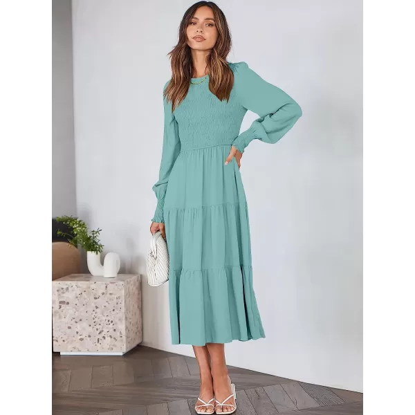 imageANRABESS Womens Casual Long Sleeve Crew Neck High Waist Smocked Flowy Tiered Midi DressLight Green
