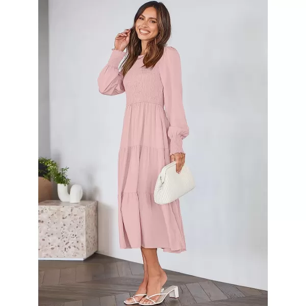 imageANRABESS Womens Casual Long Sleeve Crew Neck High Waist Smocked Flowy Tiered Midi DressPink