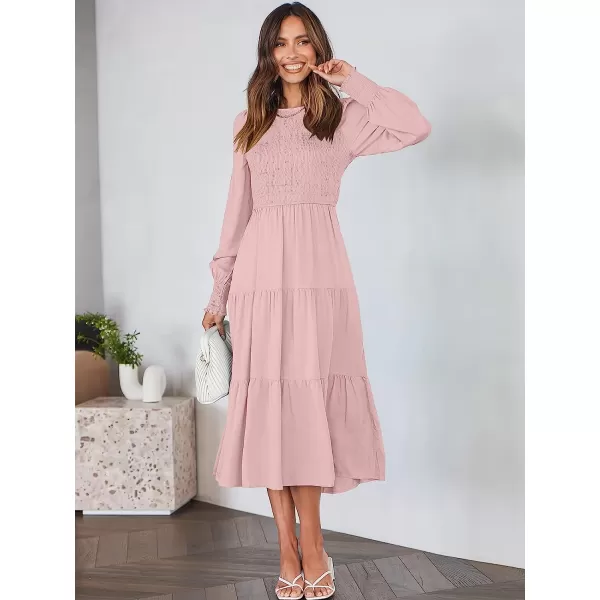 imageANRABESS Womens Casual Long Sleeve Crew Neck High Waist Smocked Flowy Tiered Midi DressPink