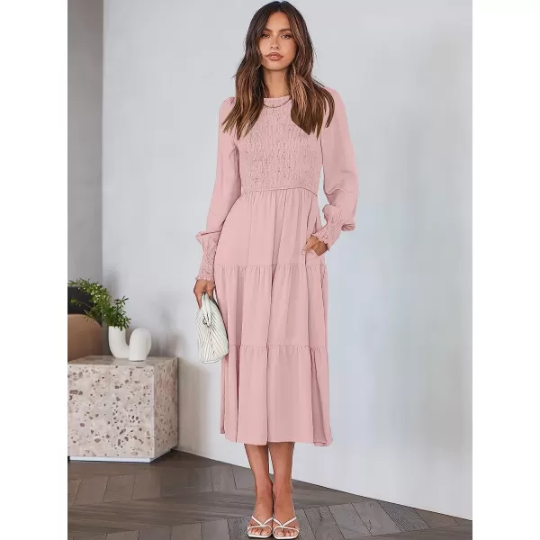 imageANRABESS Womens Casual Long Sleeve Crew Neck High Waist Smocked Flowy Tiered Midi DressPink