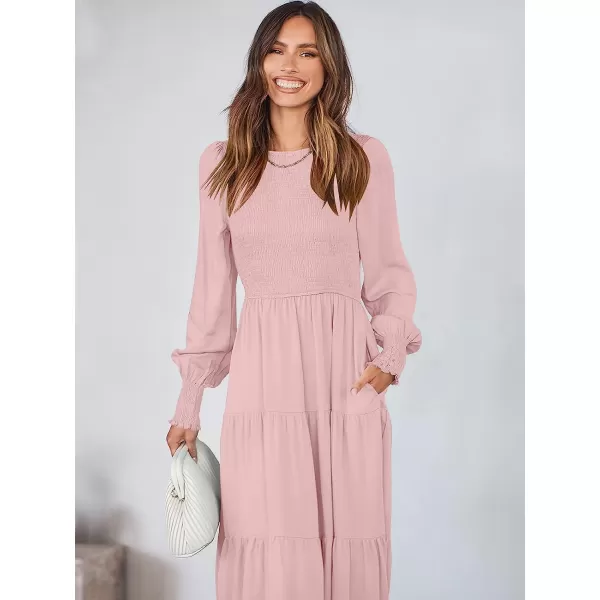 imageANRABESS Womens Casual Long Sleeve Crew Neck High Waist Smocked Flowy Tiered Midi DressPink