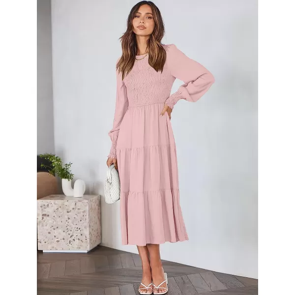 imageANRABESS Womens Casual Long Sleeve Crew Neck High Waist Smocked Flowy Tiered Midi DressPink
