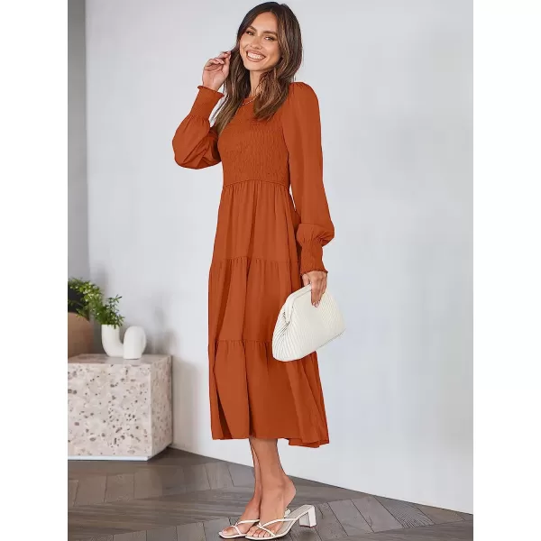 imageANRABESS Womens Casual Long Sleeve Crew Neck High Waist Smocked Flowy Tiered Midi DressRust