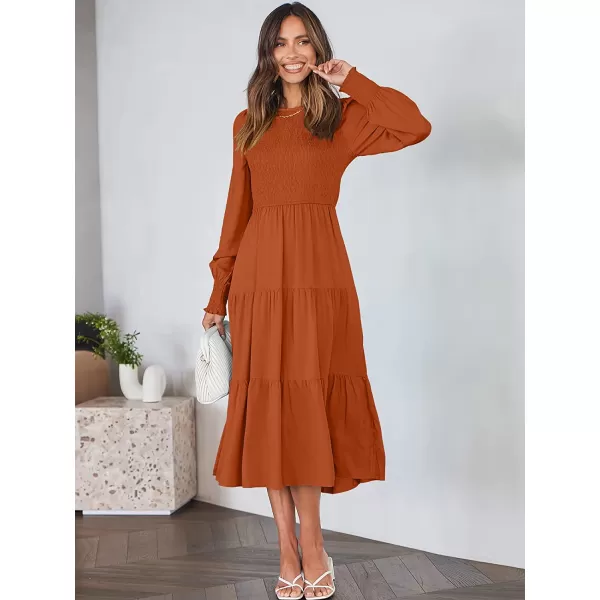 imageANRABESS Womens Casual Long Sleeve Crew Neck High Waist Smocked Flowy Tiered Midi DressRust