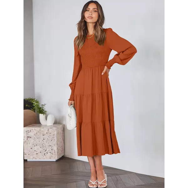 imageANRABESS Womens Casual Long Sleeve Crew Neck High Waist Smocked Flowy Tiered Midi DressRust