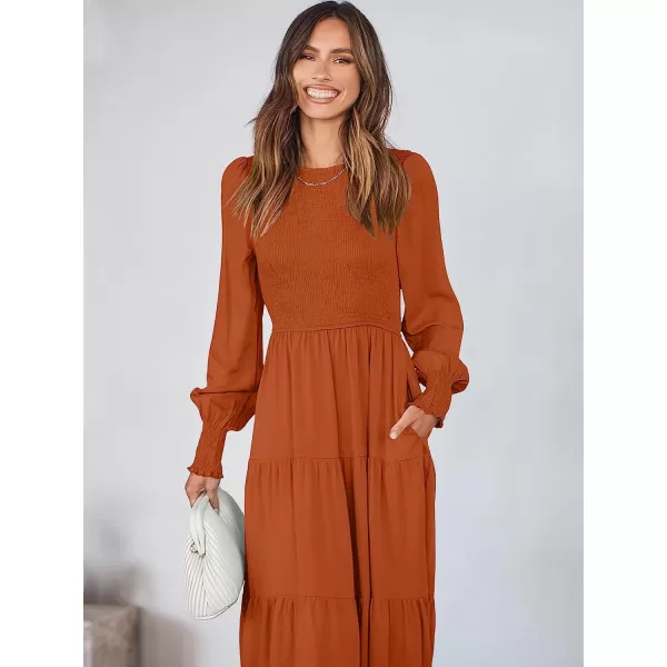 imageANRABESS Womens Casual Long Sleeve Crew Neck High Waist Smocked Flowy Tiered Midi DressRust