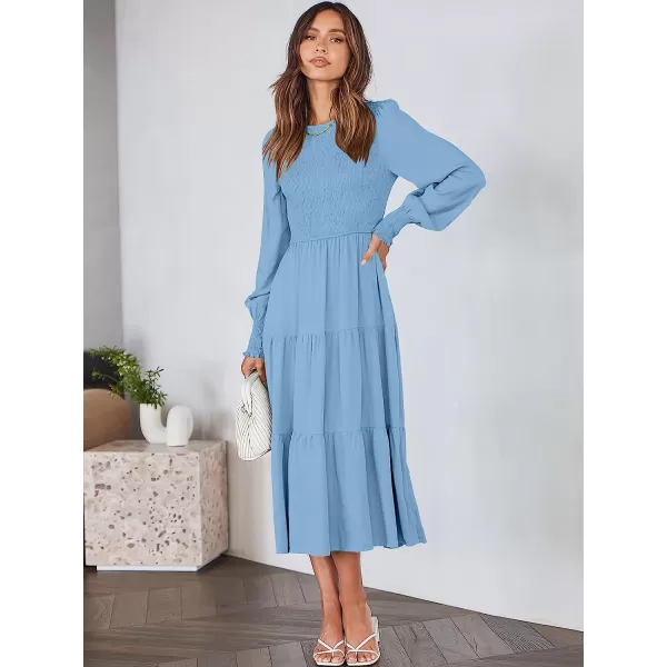 imageANRABESS Womens Casual Long Sleeve Crew Neck High Waist Smocked Flowy Tiered Midi DressSky Blue