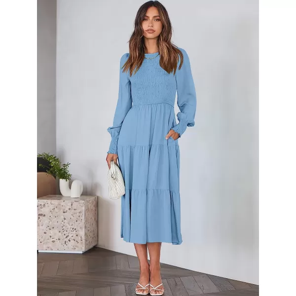 imageANRABESS Womens Casual Long Sleeve Crew Neck High Waist Smocked Flowy Tiered Midi DressSky Blue