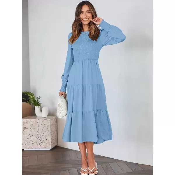 imageANRABESS Womens Casual Long Sleeve Crew Neck High Waist Smocked Flowy Tiered Midi DressSky Blue