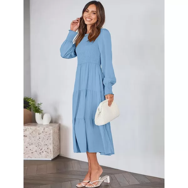 imageANRABESS Womens Casual Long Sleeve Crew Neck High Waist Smocked Flowy Tiered Midi DressSky Blue