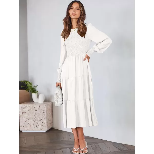 imageANRABESS Womens Casual Long Sleeve Crew Neck High Waist Smocked Flowy Tiered Midi DressWhite