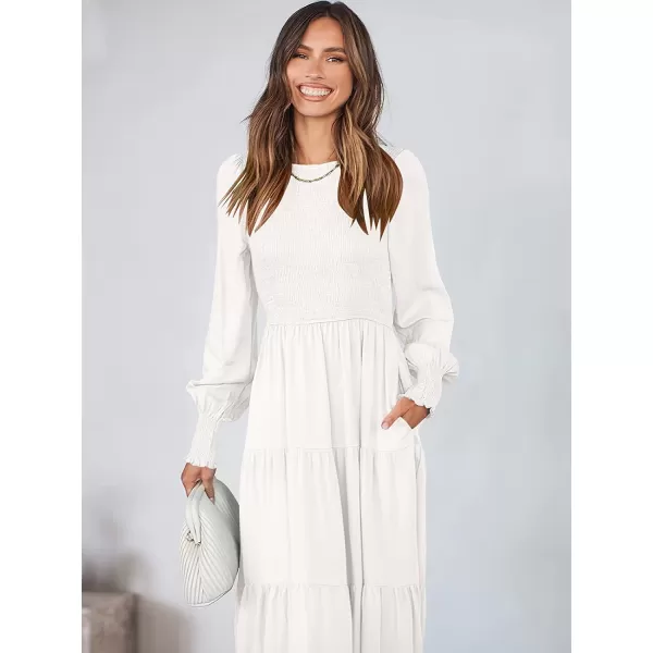 imageANRABESS Womens Casual Long Sleeve Crew Neck High Waist Smocked Flowy Tiered Midi DressWhite
