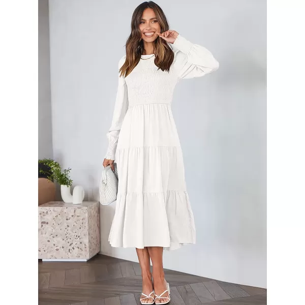 imageANRABESS Womens Casual Long Sleeve Crew Neck High Waist Smocked Flowy Tiered Midi DressWhite