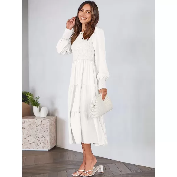 imageANRABESS Womens Casual Long Sleeve Crew Neck High Waist Smocked Flowy Tiered Midi DressWhite