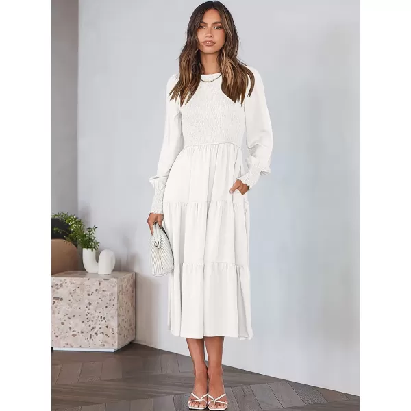 imageANRABESS Womens Casual Long Sleeve Crew Neck High Waist Smocked Flowy Tiered Midi DressWhite