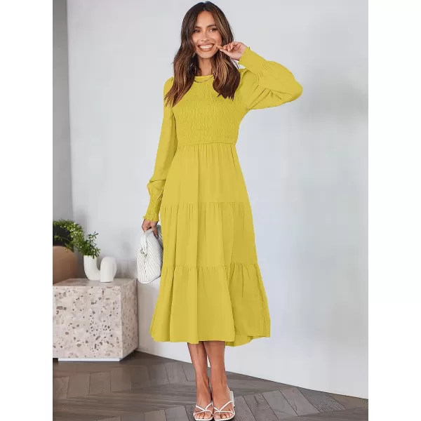 imageANRABESS Womens Casual Long Sleeve Crew Neck High Waist Smocked Flowy Tiered Midi DressYellow