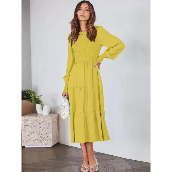 imageANRABESS Womens Casual Long Sleeve Crew Neck High Waist Smocked Flowy Tiered Midi DressYellow